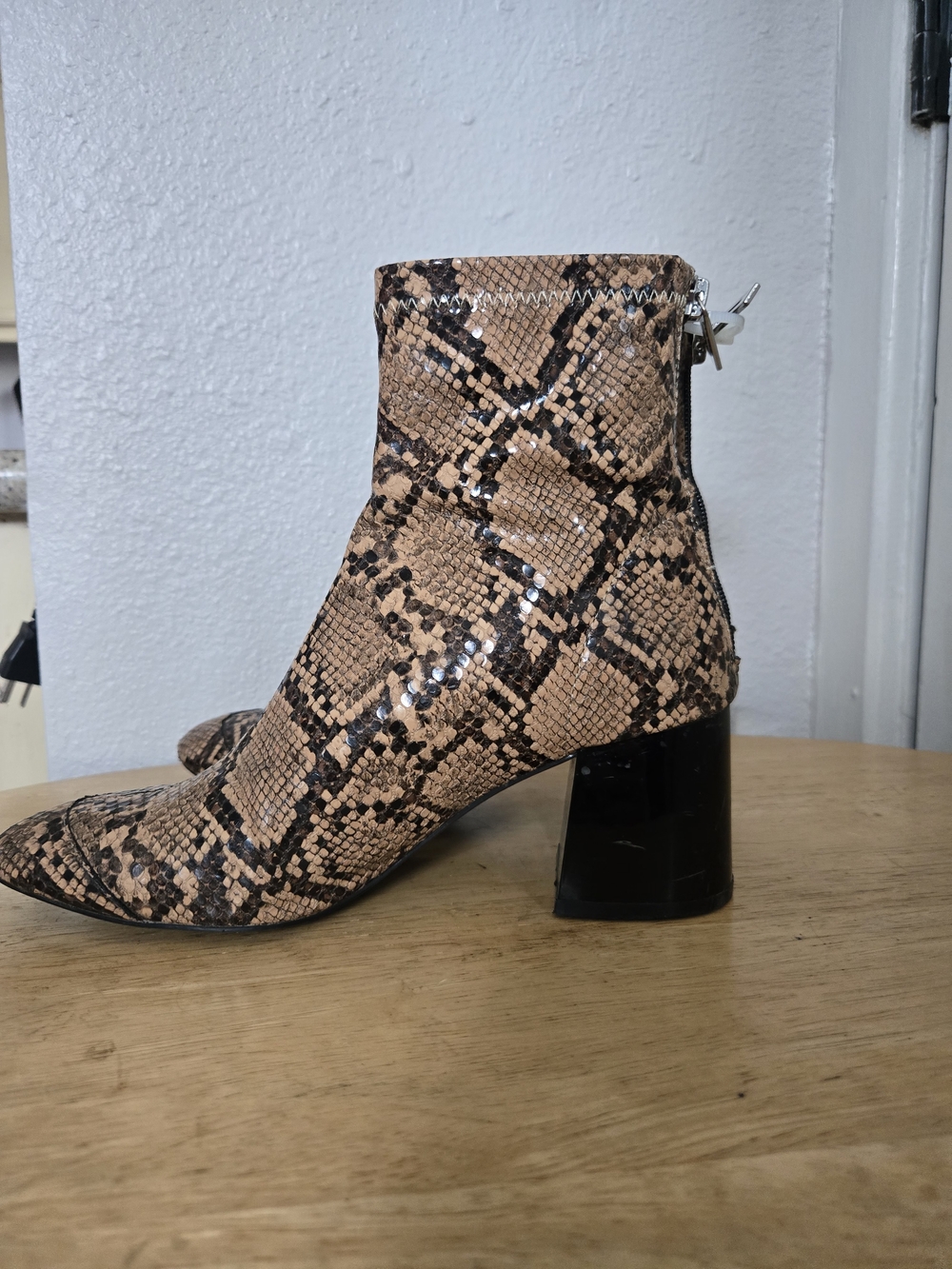 Zara Snake-Print Tan Ankle Boots with Block Heel